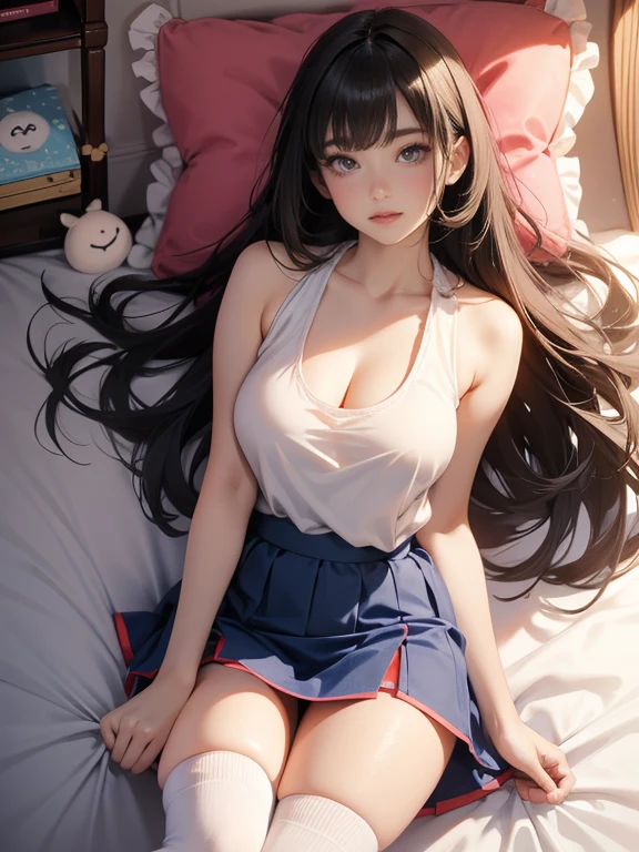 (Increase contrast)、(Increase saturation)、(27 year old super beautiful girl)、(Fair skin)Beautiful woman with perfect figure、Cute Face、long hair、Realな目、Natural Makeup、Beautiful details、(Realistic Skin)、Beautiful Skin、Charm、Ultra-high definition、超Real、Real、Very detailed、、bangs)、(White tank top、Cleavage、Round and firm breasts)((Very short mini skirt、Knee-high socks)) Brown Hair、((On the bed、sleep、Raise your hands、handcuffs、Leg spread、Embarrassed face、Embarrassed face))、Shot from the leg