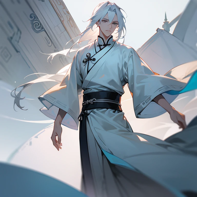 Handsome tall young man, slim build, white complexion, long loose white hair, gray eyes, gray and light blue Chinese tunic