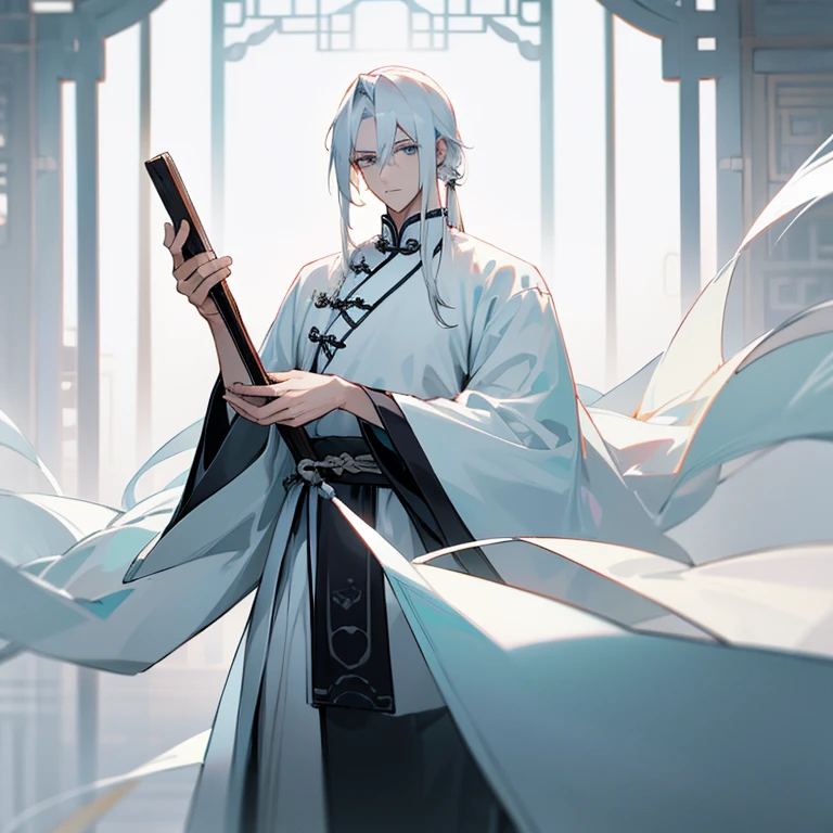 Handsome tall young man, slim build, white complexion, long loose white hair, gray eyes, gray and light blue Chinese tunic