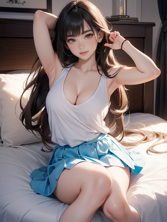 (Increase contrast)、(Increase saturation)、(27 year old super beautiful girl)、(Fair skin)Beautiful woman with perfect figure、Cute Face、long hair、Realな目、Natural Makeup、Beautiful details、(Realistic Skin)、Beautiful Skin、Charm、Ultra-high definition、超Real、Real、Very detailed、、bangs)、(White tank top、、Round and firm breasts)short mini skirt、Knee-high socks)) Brown Hair、((On the bed、sleep、Raise your hands、handcuffs、Leg spread、Embarrassed face、Embarrassed face))、Sexy shot from legs