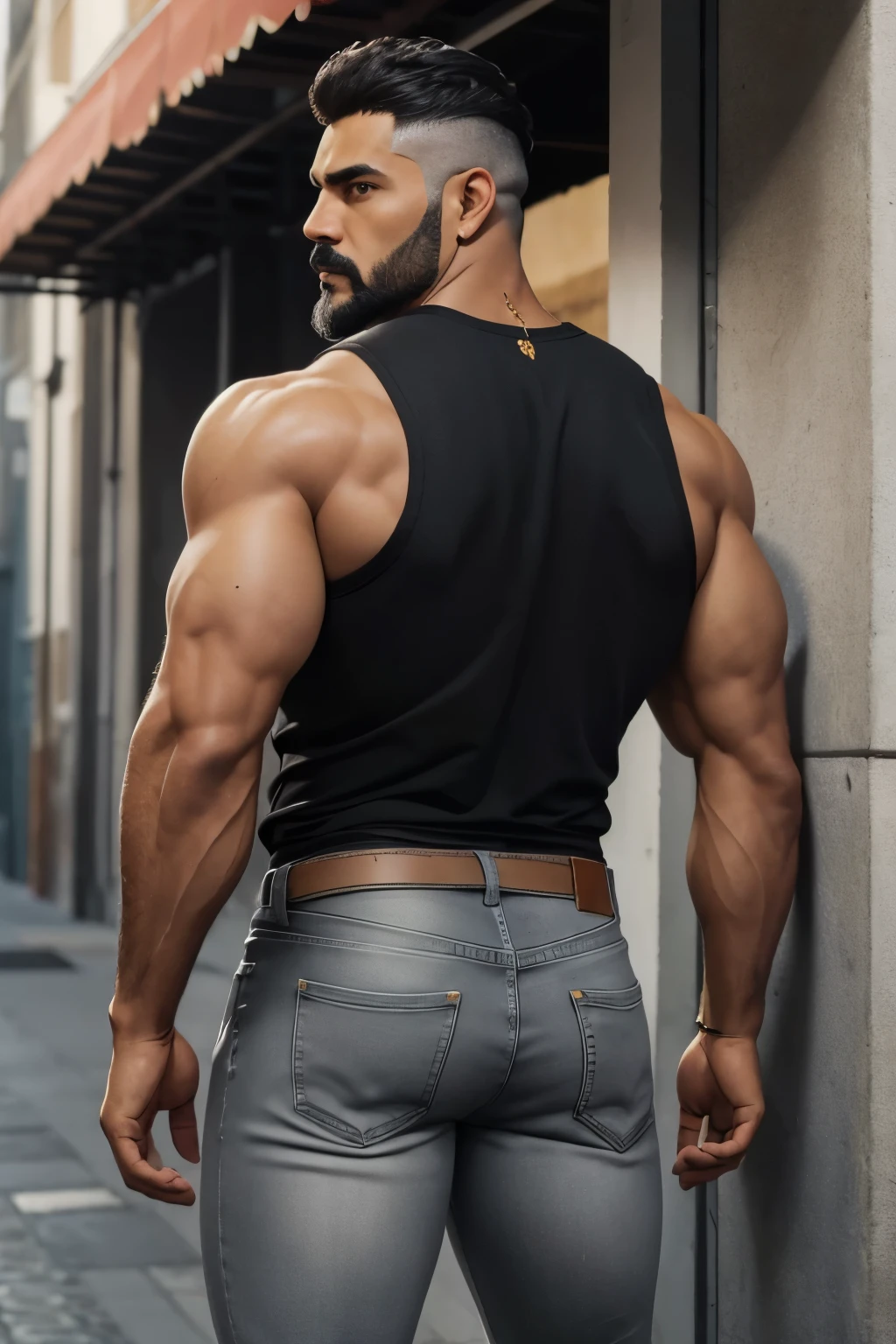 Obra maestra, mejor calidad, ultra detallado, 1 hombre, de espaldas,  macho maduro, muscular, pedazo, bara, deportista, carne de res, negro skin, piel bronceada, latino, 36 years old, negro hair, gray fur, barbas de chivo, cabello demasiado cortado, serious expression, camiseta gris, science fiction background,gold jeans de espaldas,  jeans backside backside 