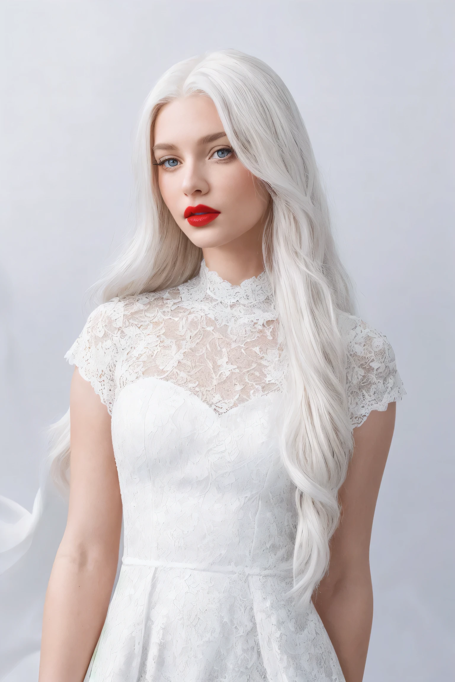 A stunningly beautiful (((woman))), with long, flowing (((white hair))), flawless (((porcelain skin))), and striking (((red lips))), dressed in a (((white, flowing lace dress))), blending in against a (completely pure, (((white backdrop))))