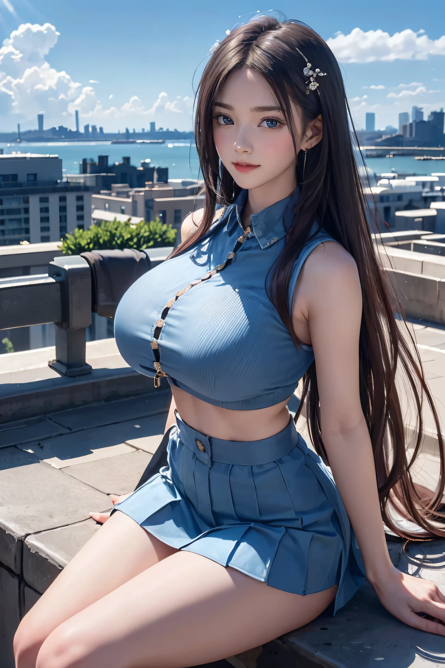 Official Art, masterpiece, Sharp focus, (Beautiful gorgeous and cute Korean woman:1.3), (Beautiful and cute Korean:1.3), Korean Beauty, Delicate and beautiful hair, eyes and face, Realistic, Super detailed, beautiful girl, blue sky, Glowing White Particles, (Side light:1.2), Light of the sun, White cloud, Detailed Clouds, thin, Very big breasts and very big hips, Smiling with teeth showing, ((Smile with your eyes, Open both eyes)), scenery, Straight long hair, Sexy look, building, (Cityscape:1.7), Dynamic Hair, Straight long hair, Platinum pink hair details, Blue eyes glow, (Blue pleated shirt + White Skirt), White long socks, Pale skin, hair ornaments, epic scenery,(((Tight waist))), ((Big Breasts)),(See-through),