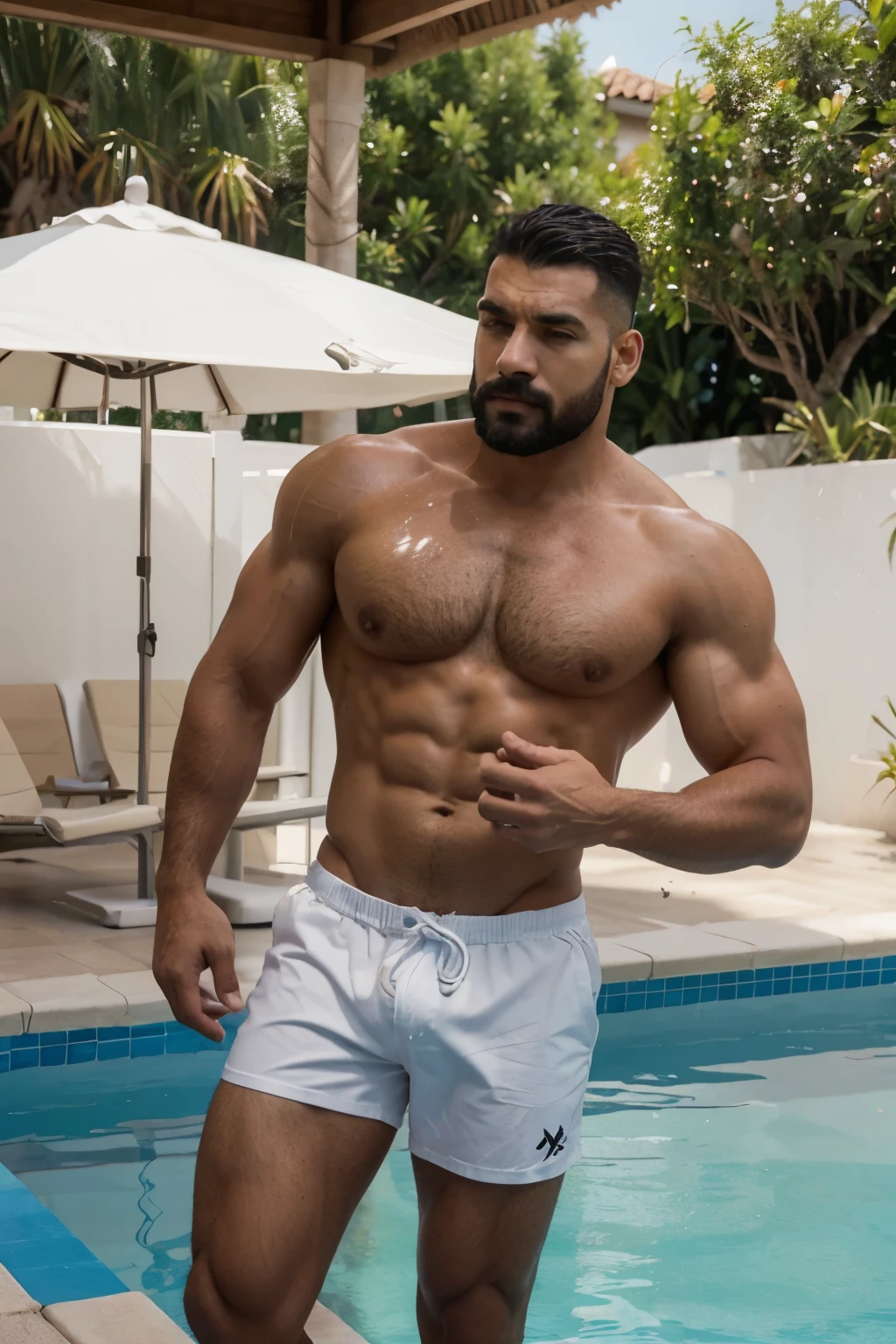 Viejo hombre musculoso, ropa interior blanca, elegante, cuerpo completo Piscina, mejor calidad, Obra maestra, ultra high resolution,antecedentes detallados,solo,male,bara,muscular,vello facial,macho maduro,muslos gruesos,swim Piscina,nadador, swimsuit,swimsuit,cielo azul,mirando al espectador,profundidad de campo,verano,