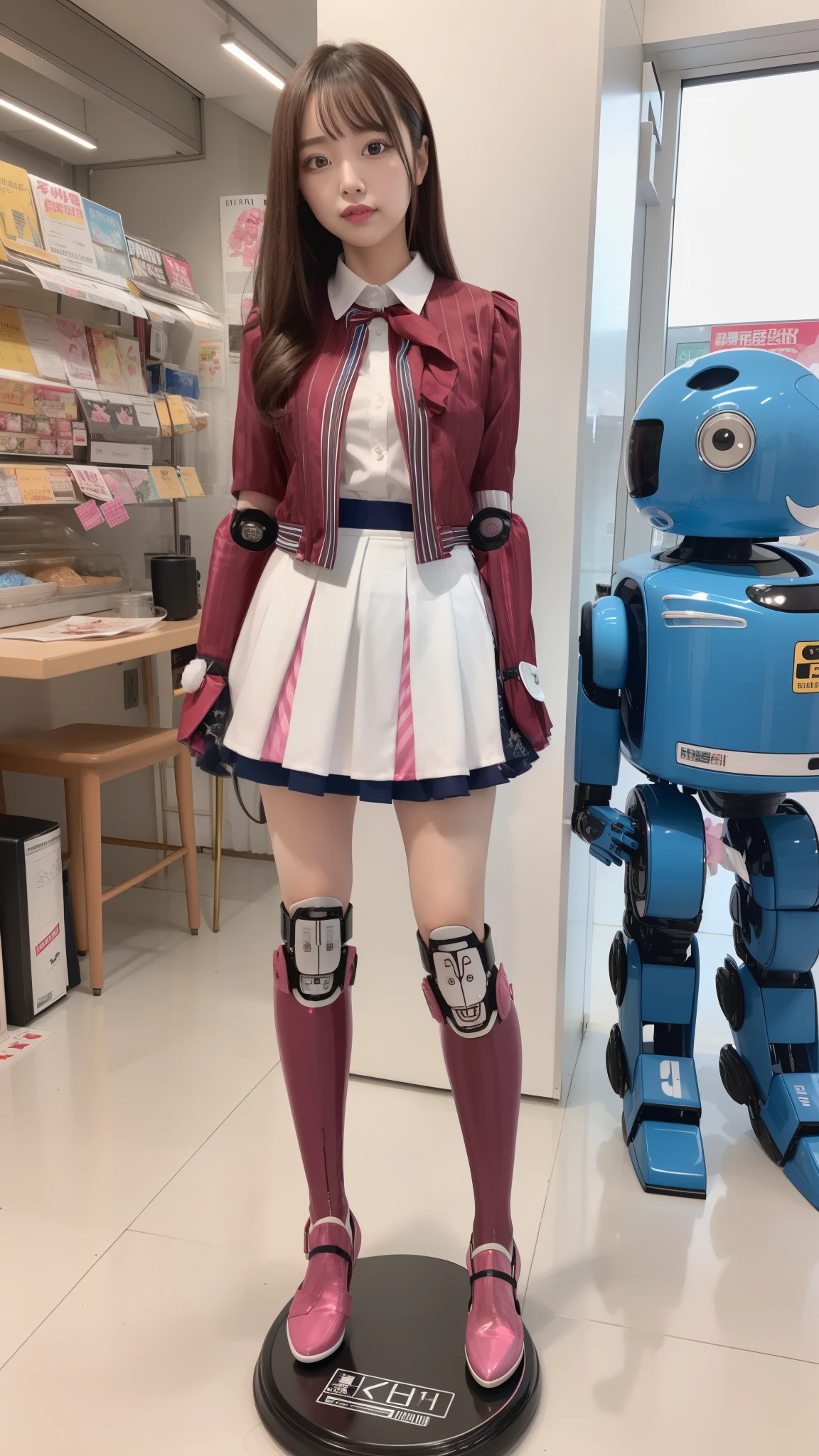 Costume like a idol, blue and white half sleeve Jacket, pink satin ruffled blouse, White and pink stripe pleated skirt, robot