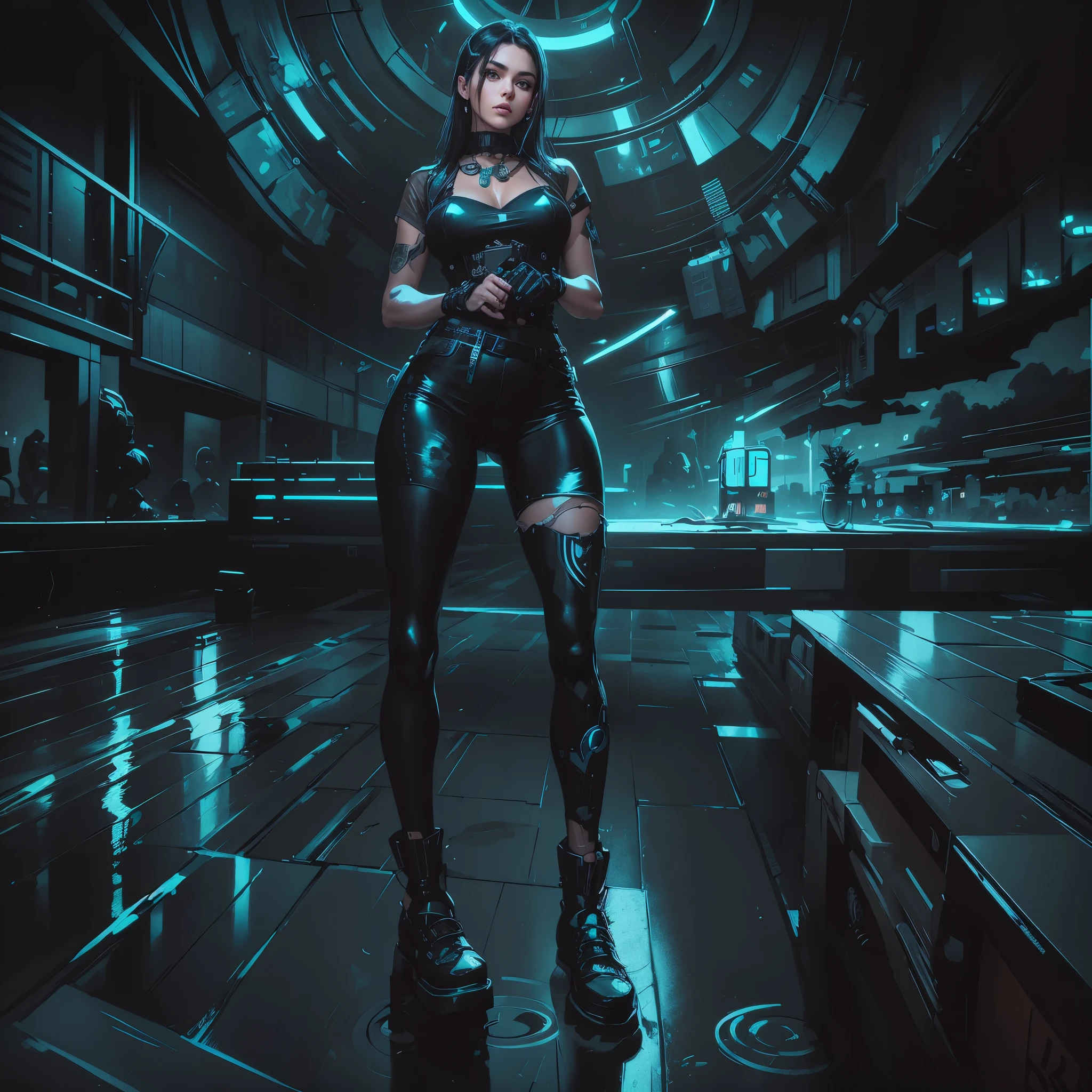 Retrato de natlp como uma bela modelo feminina, Georgia Fowler, rosto bonito, com cabelo castanho escuro curto, in cyberpunk city at night. She's wearing a leather jacket, black pants, dramatic lighting, (police badge:1.2)