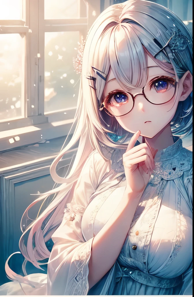 A dreamlike world、Pale Light、Glasses、Bob Hair、Hair clip on the right side of the bangedium breast、White sparkly clothes