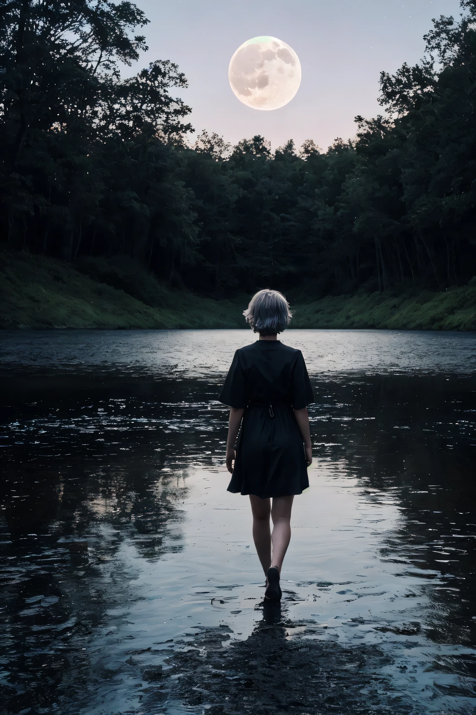 Magical and serene dog girl with short silver hair, luminous black stardust gown, walking by a forest lake as she watches the moon and stars reflect upon the water's surface