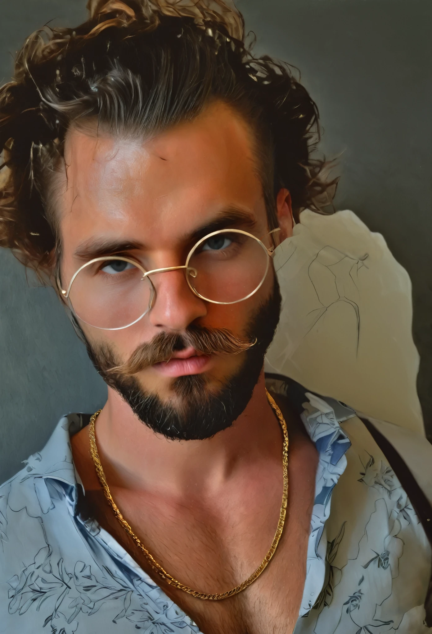 Best quality, masterpiece, ultra high res, portrait, (photorealistic:1.4), raw photo, handsome manly man, Top Knot, wearing suit, beard, detailed face textures,
