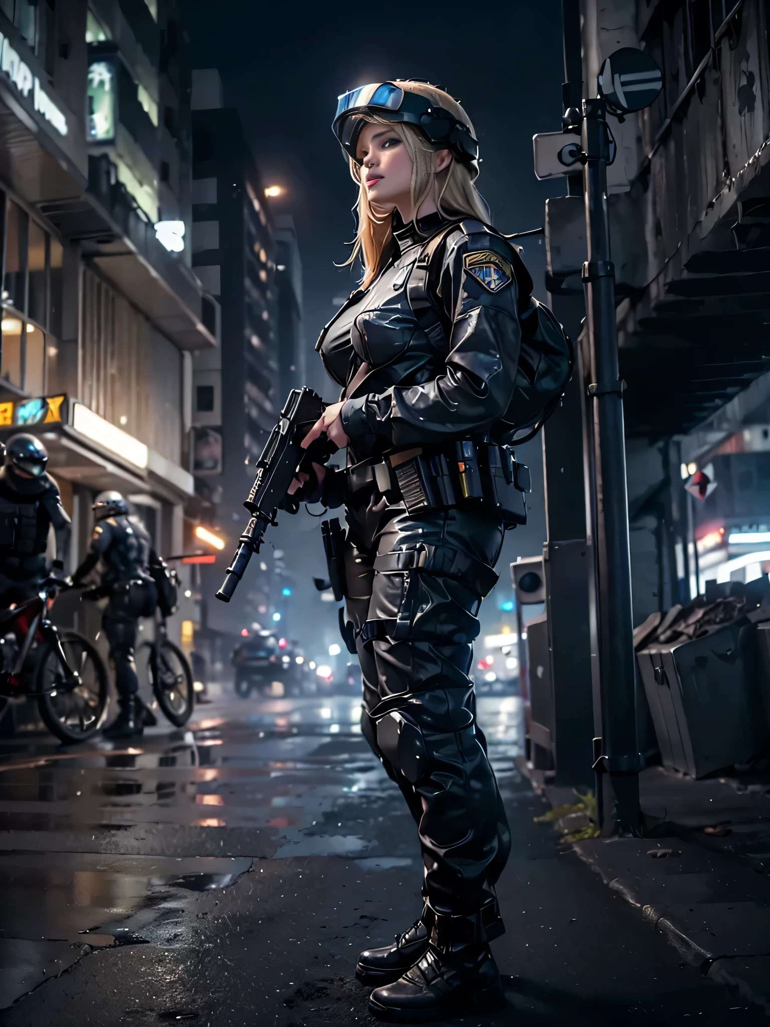 A female special forces member watches the movements of a suspicious man