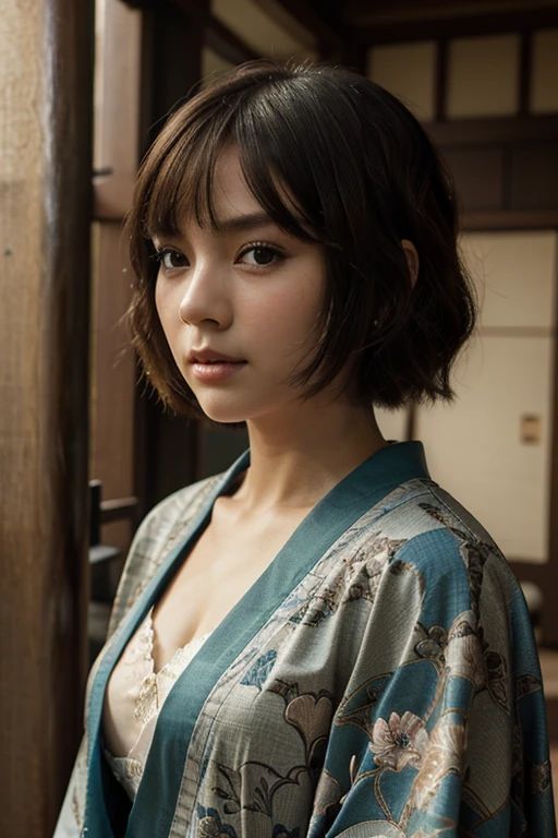 Top quality, masterpiece, HD, 1 Girl, Beautiful and perfect face, bob cut, Japanese clothing,kimono, Intricate details, Cinema-like feeling, 8K, Very detailed
