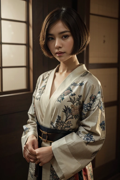 Top quality, masterpiece, HD, 1 Girl, Beautiful and perfect face, bob cut, Japanese clothing,kimono, Intricate details, Cinema-like feeling, 8K, Very detailed  