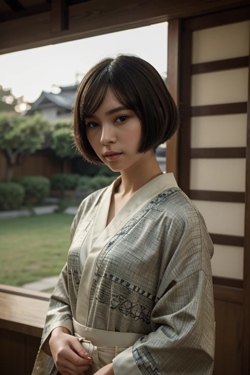 Top quality, masterpiece, HD, 1 Girl, Beautiful and perfect face, bob cut, Japanese clothing,kimono, Intricate details, Cinema-like feeling, 8K, Very detailed
