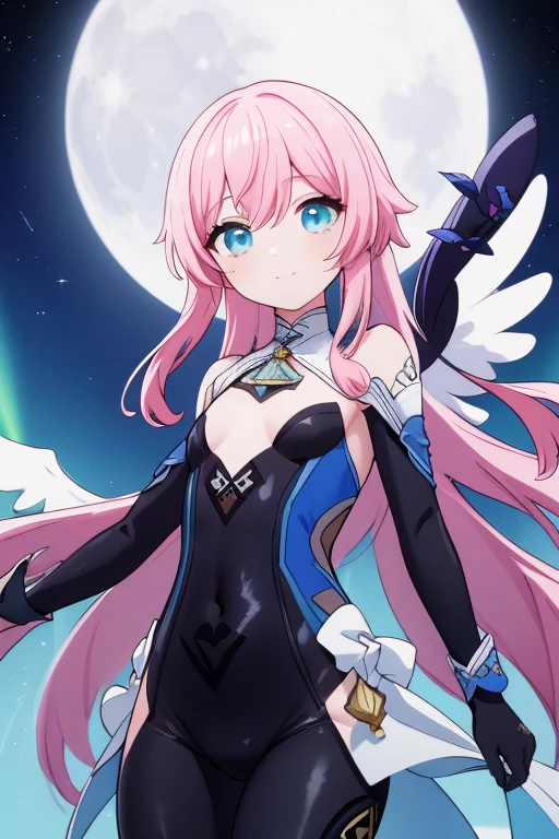 masterpiece, best quality, fascinating, bewitching, viewed from below, angel smile, angel eyes, 
close up medium , (very long pink hair), upper body, very skinny tiny body, ((body rubber light blue suit)), night, moon, lace, Yelan, Genshin Impact, Genshin, full body, mountain, aurora