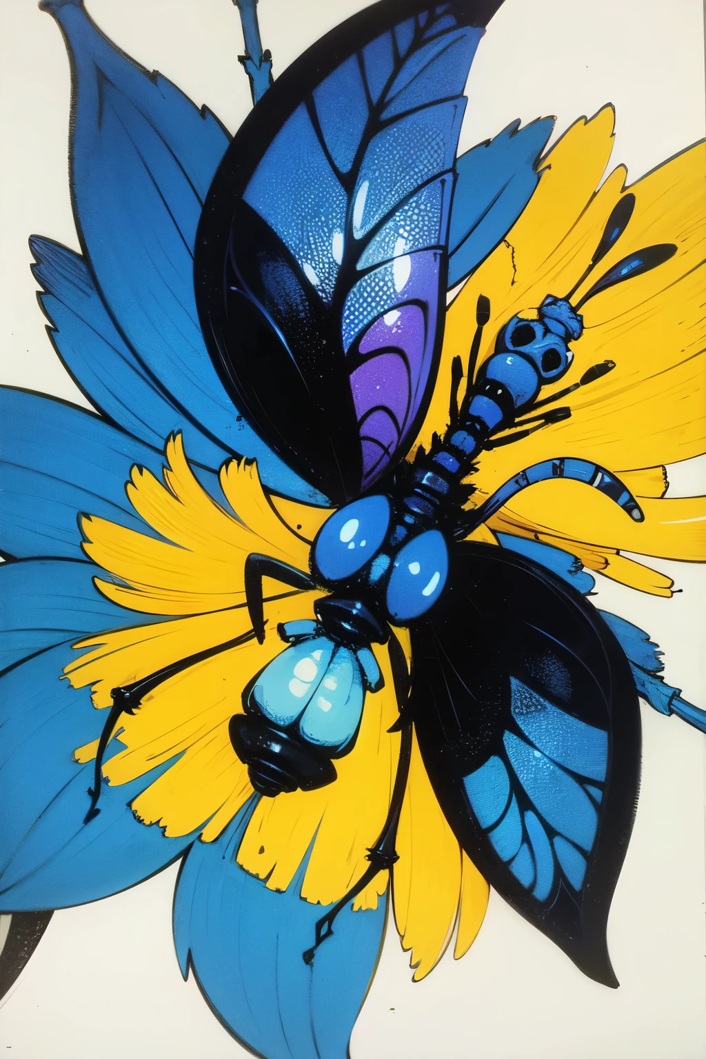 cuadro amarillo con insectos de tonos azules