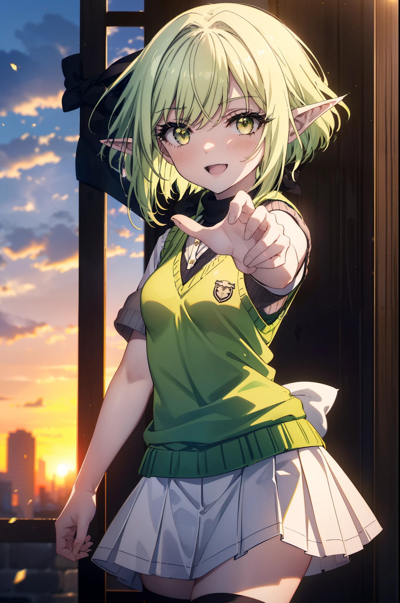 High Goblin Archer, high goblin archer, Long Hair, (Green Eyes:1.5), bow, hair bow, black bow, Side Lock, Green Hair, Pointy Ears, happy smile, smile, Open your mouth,white yシャツ, Short sleeve, Pleated skirt, Collared shirt, mini skirt, White knee socks, (Black Skirt:1.5), Sweater vest, (green Sweater vest:1.5),Brown Loafers,sunset,evening,The sun goes down,
break outdoors, city,Building Street,
break looking at viewer, (Cowboy Shot:1.5),
break (masterpiece:1.2), highest quality, High resolution, unity 8k wallpaper, (shape:0.8), (Fine and beautiful eyes:1.6), Highly detailed face, Perfect lighting, Highly detailed CG, (Perfect hands, Perfect Anatomy),