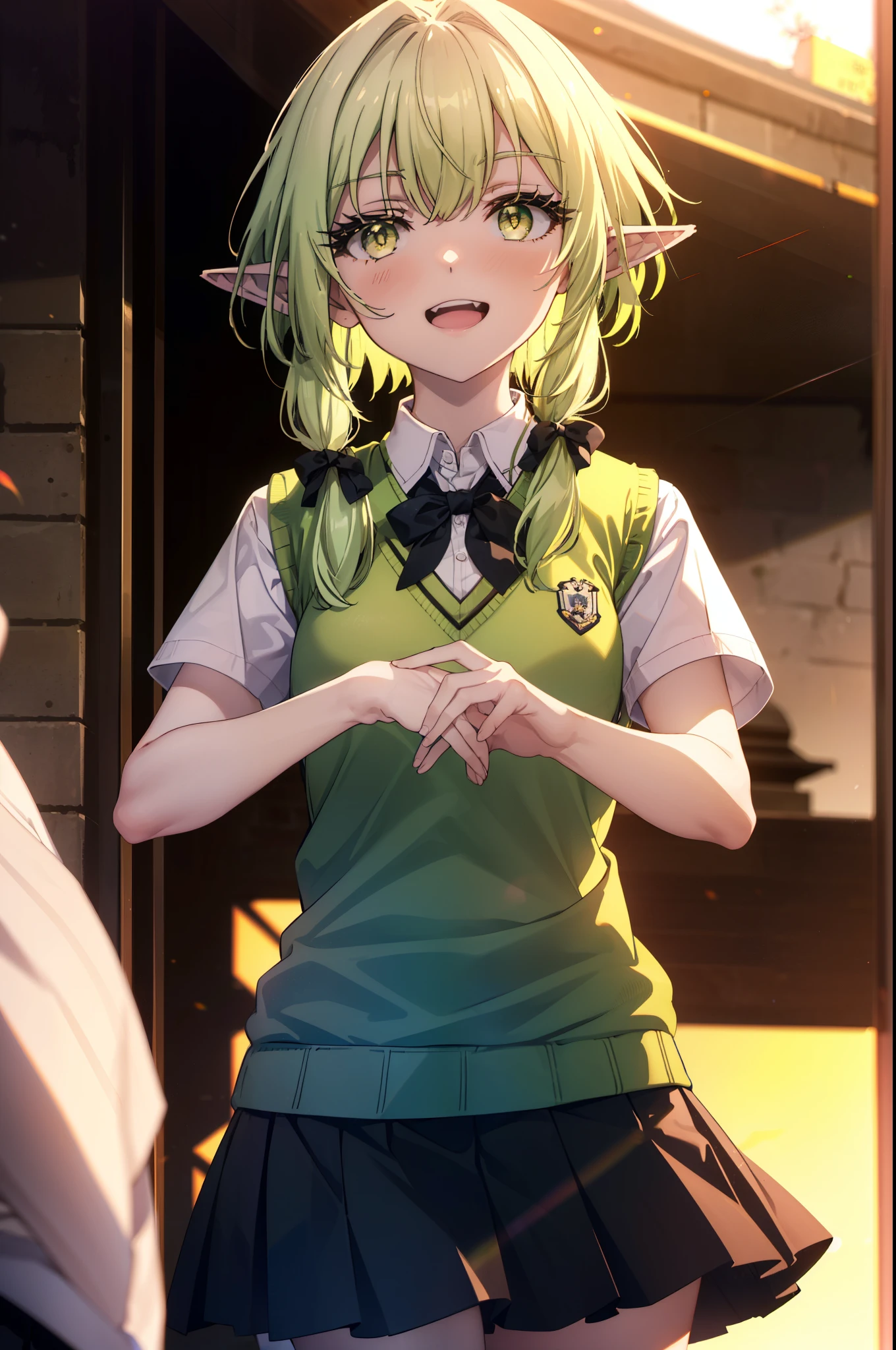 High Goblin Archer, high goblin archer, Long Hair, (Green Eyes:1.5), bow, hair bow, black bow, Side Lock, Green Hair, Pointy Ears, happy smile, smile, Open your mouth,white yシャツ, Short sleeve, Pleated skirt, socks, Collared shirt, mini skirt, White knee socks, (Black Skirt:1.5), Sweater vest, (green Sweater vest:1.5),Brown Loafers,sunset,evening,The sun goes down,
break outdoors, city,Building Street,
break looking at viewer, (Cowboy Shot:1.5),
break (masterpiece:1.2), highest quality, High resolution, unity 8k wallpaper, (shape:0.8), (Fine and beautiful eyes:1.6), Highly detailed face, Perfect lighting, Highly detailed CG, (Perfect hands, Perfect Anatomy),