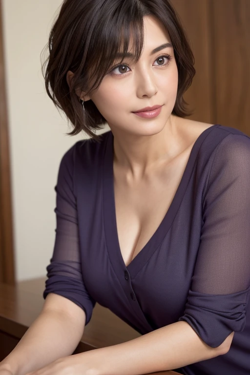 (In 8K, highest quality, masterpiece:1.2), (Realistic, Photorealistic:1.37), Very detailed, Natural light, Mid-chest, I can see her cleavage, 1 person, 40-year-old woman, Black Hair, short hair, (Look up at the viewer from below), Light purple V-neck shirt, Wide open chest, Very detailedな顔と肌, Detailed eyes, Very detailedな顔と肌
