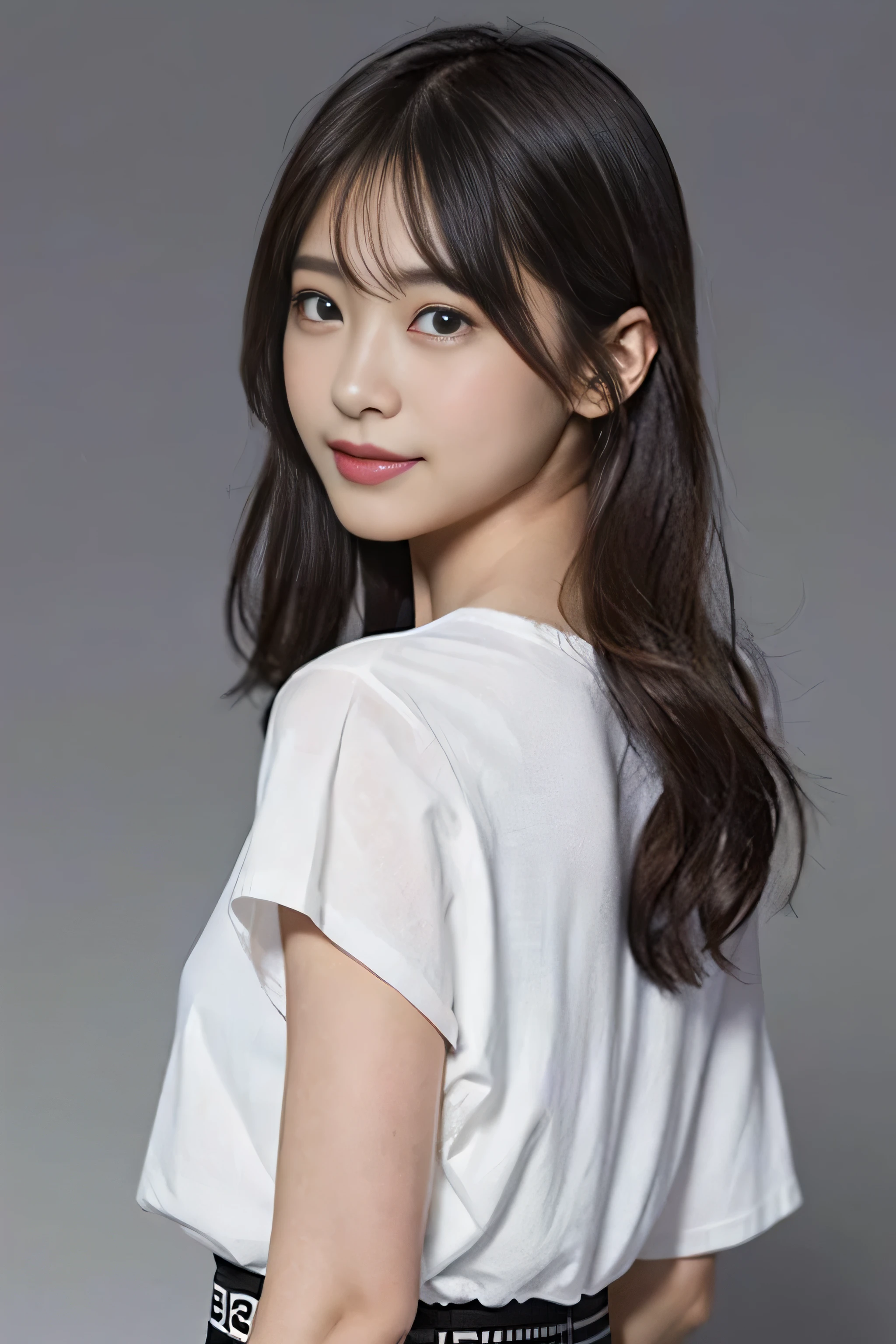 (8k、RAW Photos、Top-clasasterpiece:1.2)、(Genuine、Photo Genuine:1.37)、Super detailed、Ultra-high resolution、girl、1 person、Eyes that watch the viewer、Beautiful face even in the contours、smile、narrow、(Thin black waist):1.3)、Fine and beautiful skin、Skin Texture、Fluttering Hair、Professional Lighting、The human body as a whole、White T-shirt、Plain grey background