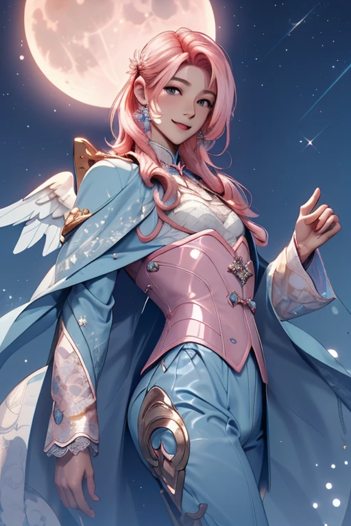 masterpiece, best quality, fascinating, bewitching, viewed from below, angel smile, angel eyes, 
close up medium , (very long pink hair), upper body, very skinny tiny body, ((body rubber light blue suit)), night, moon, lace, Yelan, Genshin Impact, Genshin, full body, mountain, aurora