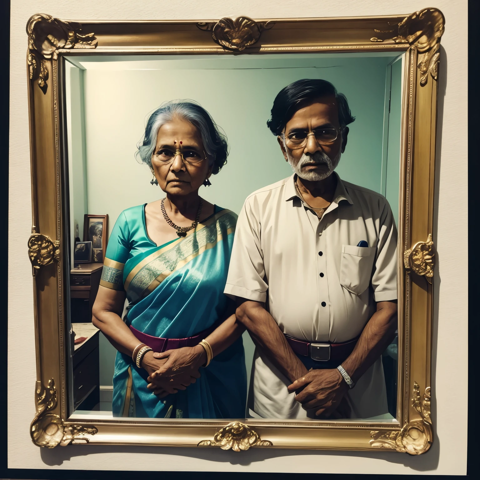Song album art, Indian old couple infront of mirror, old polaroids on the mirror, sadness