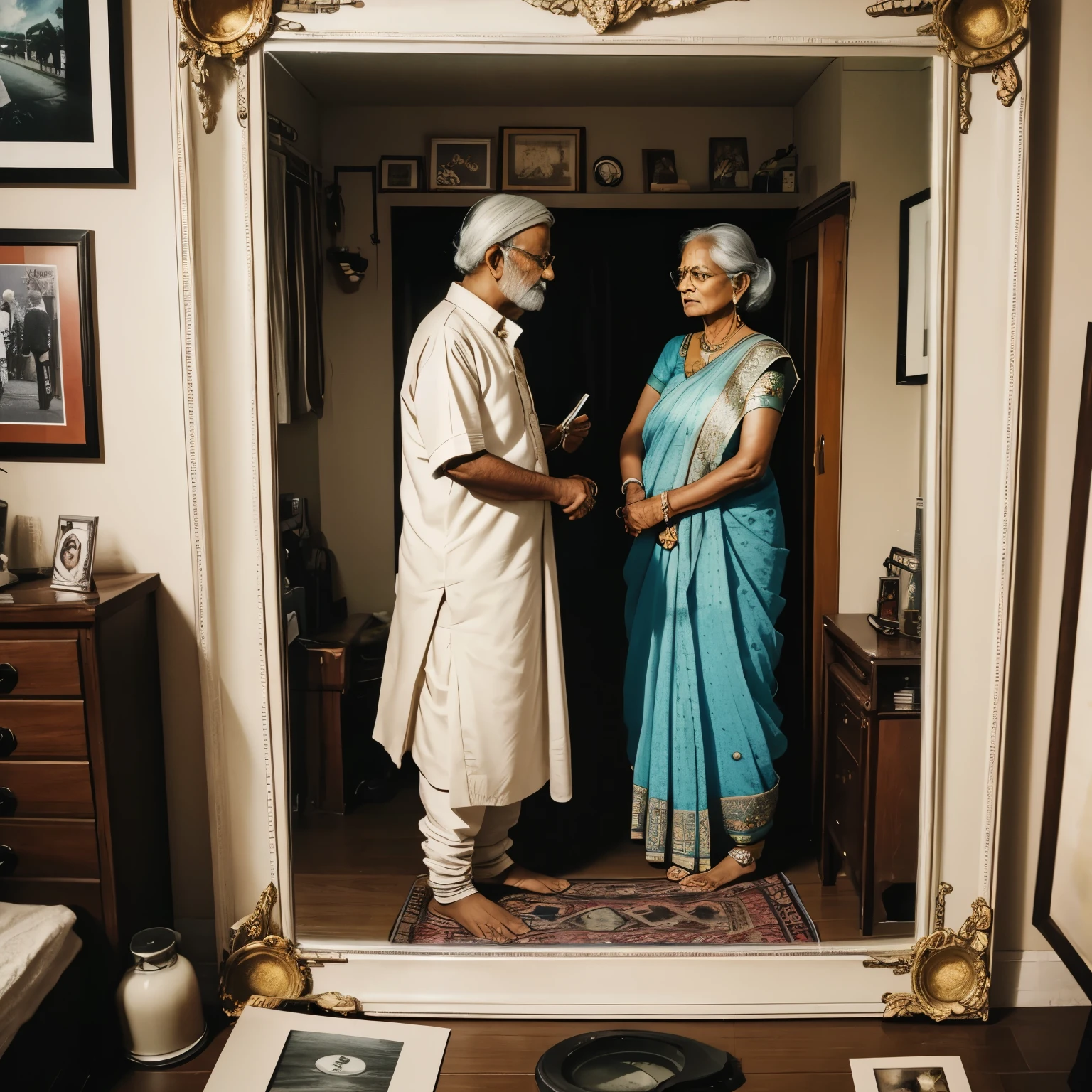 Song album art, Indian old couple infront of mirror, old polaroids on the mirror, sadness