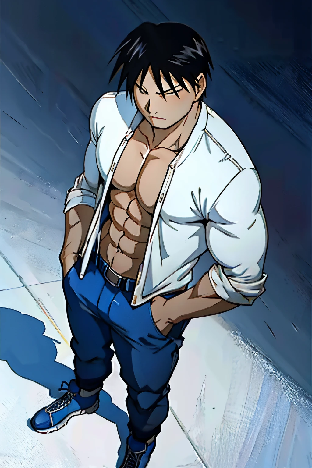 Roy Mustang from Full Metal Alchemist, bodybuilder, shirtless, seen from above, with their hands in their pockets