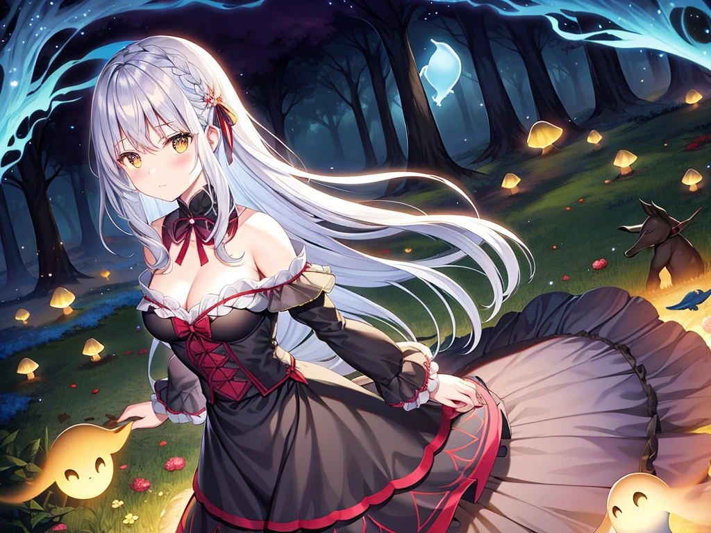 Grimm's fairy tales,Fairy tale picture book,picture,Children's picture books,fable,headless rider,Burning ghost horse,Dissipated black fog,Quiet nightushroom forest,Sparkling flames,Flying fireflies。