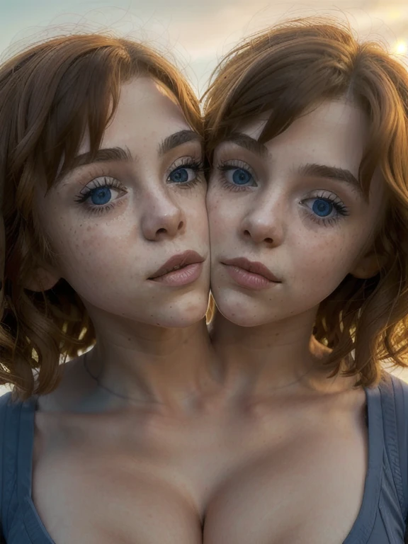 s0ph, solo,a woman with ((two heads:1.5)), ((conjoined_dicephalus)), cleavage, large breasts, (cheeks rubbing together), close-up, (looking at viewer:1.3), close-up,medium length wavy hair,red hair,bokeh,(masterpiece:1.2),beach, sunset, volumetric lighting,8k,highly detailed skin,pores,cinematic, ((huge blue eyes)), petit, (kissing:1.45), (eyes closing:1.3), cute, ((looking down))