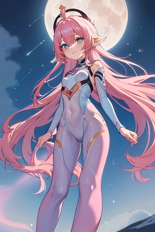 masterpiece, best quality, fascinating, bewitching, viewed from below, angel smile, angel eyes,
close up medium , (very long pink hair), upper body, very skinny tiny body, ((body rubber light blue suit)), night, moon, lace, Yelan, Genshin Impact, Genshin, full body, mountain, aurora