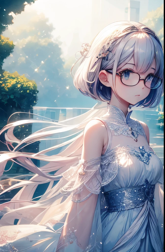 A dreamlike world、Pale Light、Glasses、Bob Hair、Hair clip on the right side of the bangedium breast、White sparkly clothes