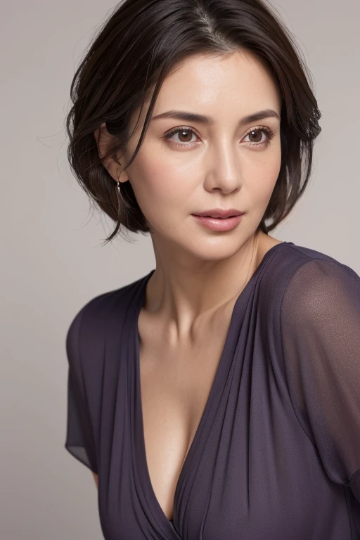(highres,8k,best quality:1.2),(photorealistic:1.37),extremely detailed,natural lighting,mid-chest view,visible cleavage,1 woman,40-year-old,women,short black hair,(looking up from below),v-neck shirt in light purple,deep neckline,extremely detailed face and skin,detailed eyes,extremely detailed face and skin