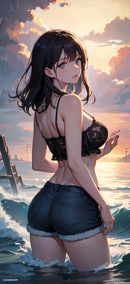 highest quality, Super detailed, (Ultra-high resolution,8K), Ultra-high definition 4K, (Perfect Anatomy, Anatomically correct), (Cute Girls), (Beautiful Eyes), (Detailed eyes), (High-quality facial beauty), (In the Storm:1.2), (Photorealistic), (Detailed big breasts), Soft Skin, Glowing Skin, (Turn your back), (Tight see-through camisole, Shorts), Bright lighting, lined up vertically, Very heavy rain, colorful, Goddess-like beauty, Wave your hands loudly