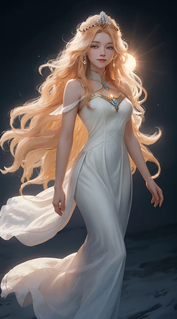 Best quality 8k, masterpiece, Two beautiful young girls, The sun princess and The moon princess, The sun princess is light, hot, pretty, beautiful light orange long dress, orange slong hair, super cool awesome tiara, brown eyes, super fine face, perfect body, no smile.
The moon princess is cute, sweet, beautiful pale blue and white long dress, natural white hair, beautiful dimples, sweet smile, super fine face, perfect body, blue eyes, super cool awesome tiara, innocent,