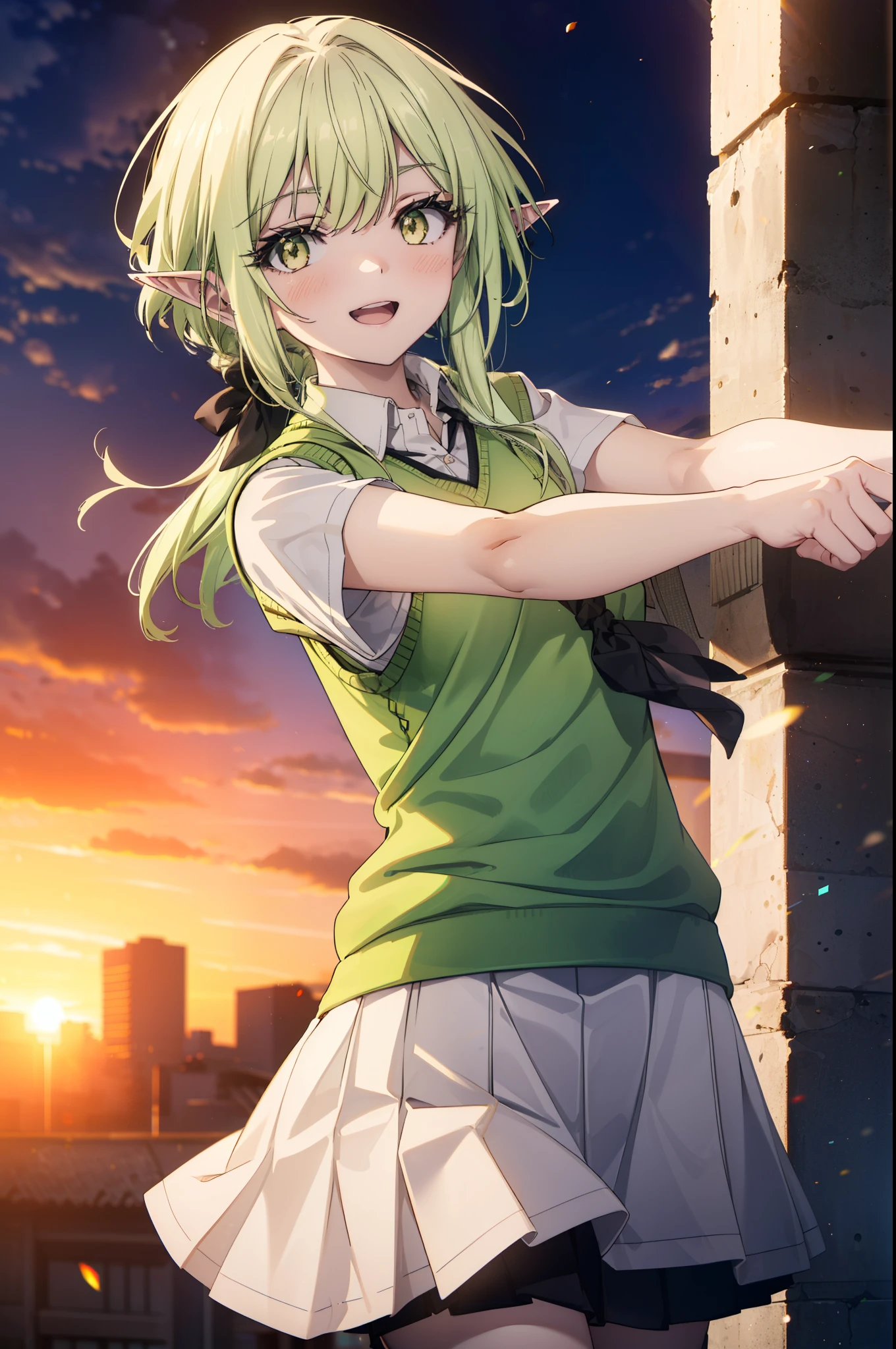 High Goblin Archer, high goblin archer, Long Hair, (Green Eyes:1.5), bow, hair bow, black bow, Side Lock, Green Hair, Pointy Ears, happy smile, smile, Open your mouth,white yシャツ, Short sleeve, Pleated skirt, socks, Collared shirt, mini skirt, White knee socks, (Black Skirt:1.5), Sweater vest, (green Sweater vest:1.5),Brown Loafers,sunset,evening,The sun goes down,
break outdoors, city,Building Street,
break looking at viewer, (Cowboy Shot:1.5),
break (masterpiece:1.2), highest quality, High resolution, unity 8k wallpaper, (shape:0.8), (Fine and beautiful eyes:1.6), Highly detailed face, Perfect lighting, Highly detailed CG, (Perfect hands, Perfect ???????),
