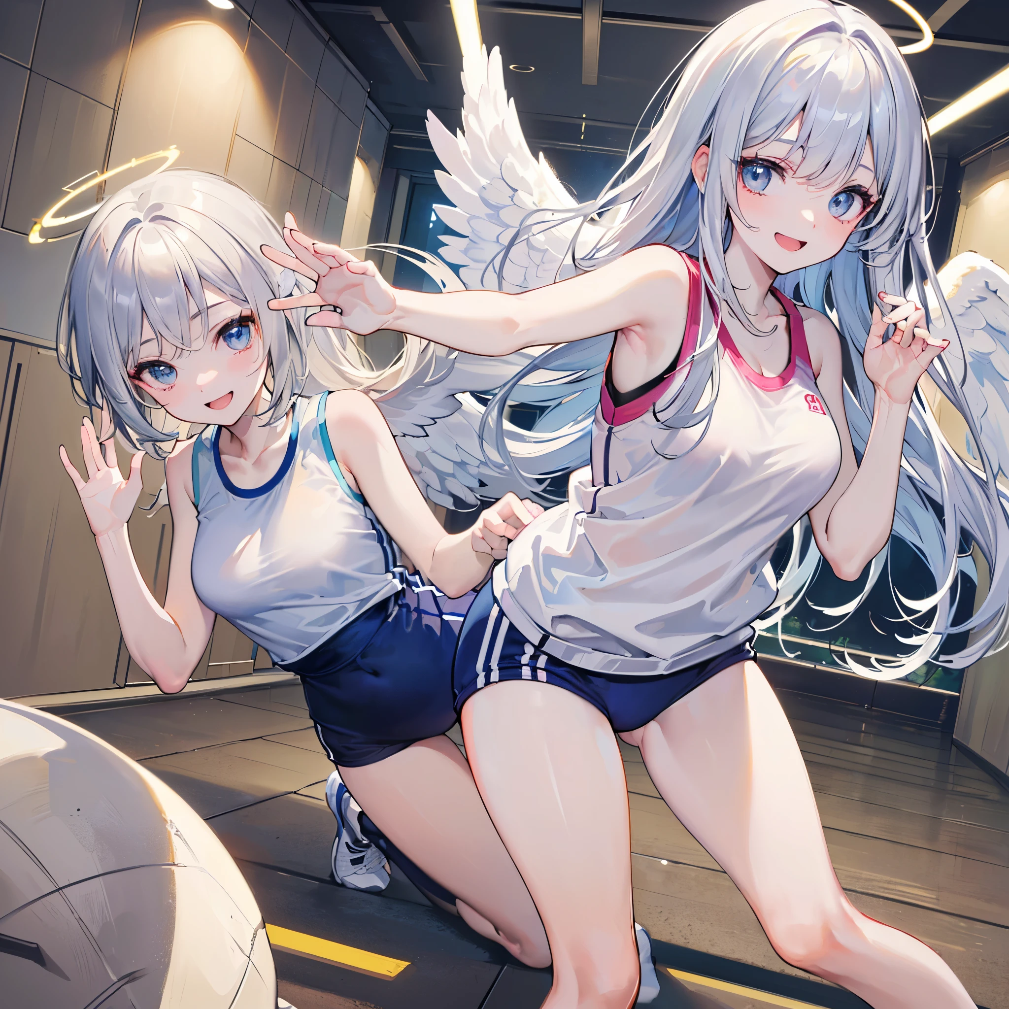 (((Best quality, 8k, Masterpiece: 1.3)), ((best quality)), ((masterpiece)), (detailed), Angel Girl、Silver Hair、Angel Halo、Angel Wings、Light effects、Sportswear、Tank top、Raise your hands and run with a smile、Sprinting、Training Gym