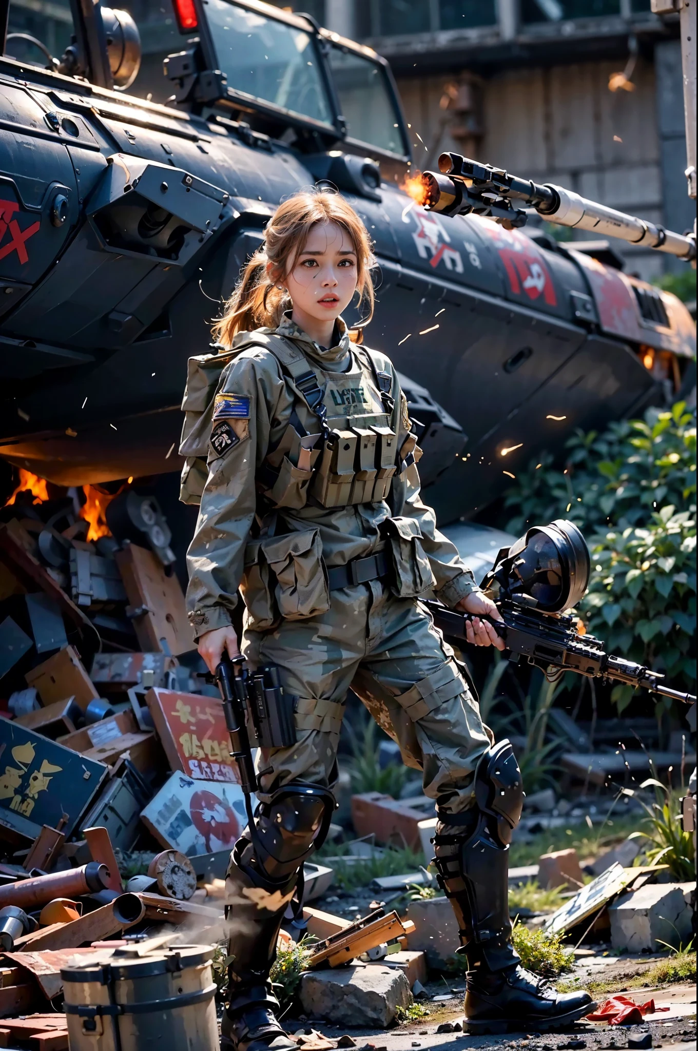 17 year old girl in beautiful Japan of Self-Defense Forces fighting on the battlefield, light muscles, world war, modern war theme, army girl, rifle, (holding rifle: 1.3), (aiming and holding rifle: 1.3), soldier girl, infantry girl, shootout, air raid, air strike, military, camouflage uniform, burning vehicle, warzone, battlefield, war, ruins, explosion, burning city, smoke, ( helmet), torn tank top, belly button, gloves, torn military pants, face stained with mud and blood, sweaty skin, bloody skin, mud-stained skin, small, cleavage, sad expression of despair, painful expression, highest quality, ultra-high resolution, absurdity, realistic, physically based rendering, cinematic lighting, complex and cinematic appearance, cinematic soft light, soothing tone, battlefield background, urban war background, photorealistic, cowboy shot, dynamic angle