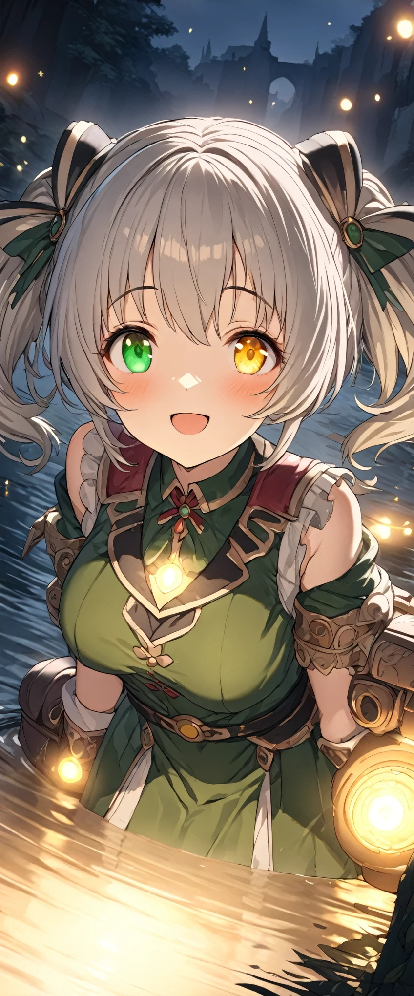 (((master piece Highest quality ultra detailed,Unity 8k Exquisite Detail))),((Twin Drill)),(((tareme:1.6))),Silver Hair,smile,(heterochromia green eye yellow eye),(((powder light,illusion effect:1.3))),On the river,Fantasy,fire Fly,full body