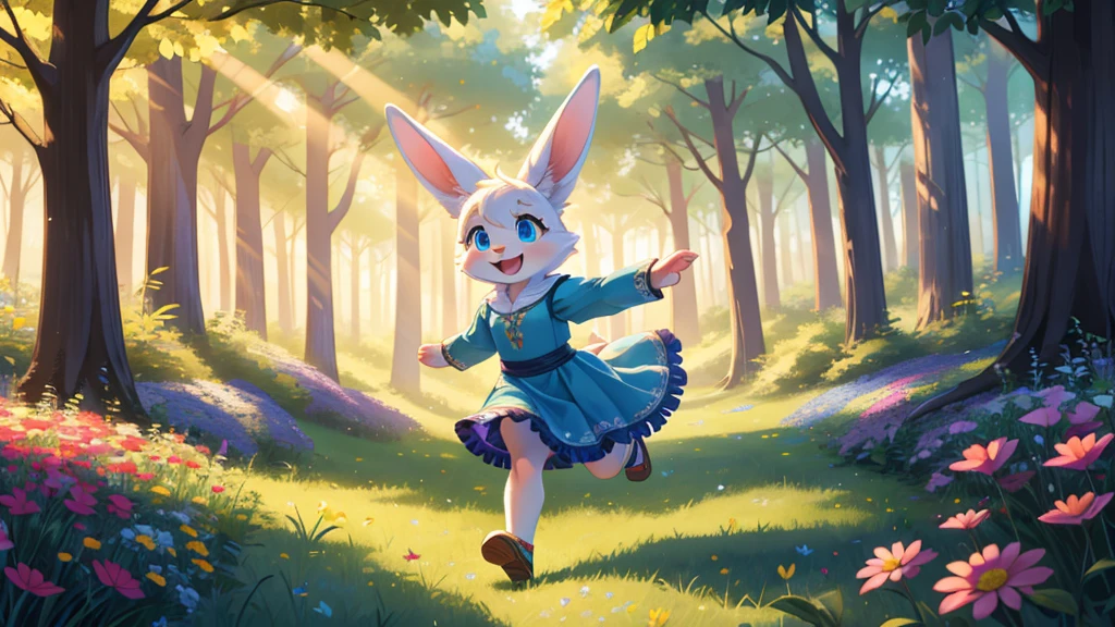 solo character, close up view, zoomed in image, side view, bright colors, fantasy style art, cute anthropomorphic female bunny, adorable, young character, tiny, 3 feet tall, little fluffy female white bunny with blue eyes, 2 extra ears, 4 ears, big floppy ears, long ears, ears perked up, raised ears, long eyelashes, wearing a red frilly dress, big expressive smile, open mouth, wide eyes, excited eyes, excited face, stunning visuals, sunlight coming through the trees, colorful flowers scattered in the bushes, colorful butterflies flying around, running quickly, through a lush fantasy forest, making haste, running fast at top speed, running towards the right of the frame, looking towards the right of the frame, happily exploring, green trees, in the spring, beautiful spring forest, thick forest, smiling happily, excited expression, wide eyes, large smile open mouth, high quality digital art, 2k, professional illustration, highly detailed, digital illustration