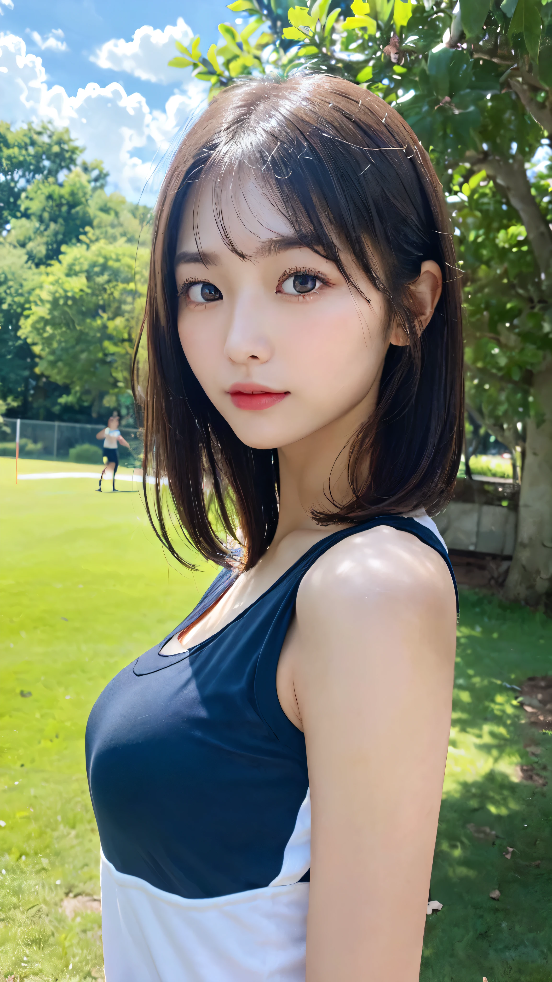 (the Extremely Detailed CG Unity 8K Wallpapers,masutepiece, Best Quality, Ultra-detailed, Looking at the camera:1.2, Light on Face:1.5, Gray background, (profetional lighting), (sports training wear), Lives in Japan 25old Female、short-hair, A dark-haired, Plump facial contours:1.5, (tthin eyebrows:1.25), Big shining eyes, Undersized nose, Soft mouth, slender physique, Sincere impression, noble mix fix v3.0, The background is a park、clouds in the blue sky