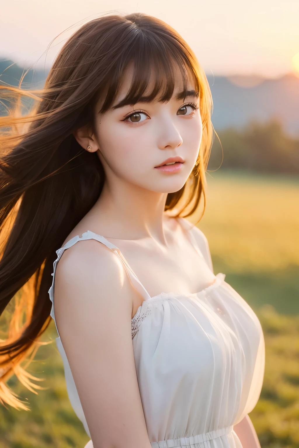 (masterpiece, top quality, raw photo, ), movie scene, sunset, beautiful girl in spring dress, (white dress), natural light, beautiful girl, (beautiful eyes, fine eyebrows, rouge), (well-formed face), (18 years old), with bangs, brown hair, (hair blowing in the wind), light makeup, cute face, innocence, light