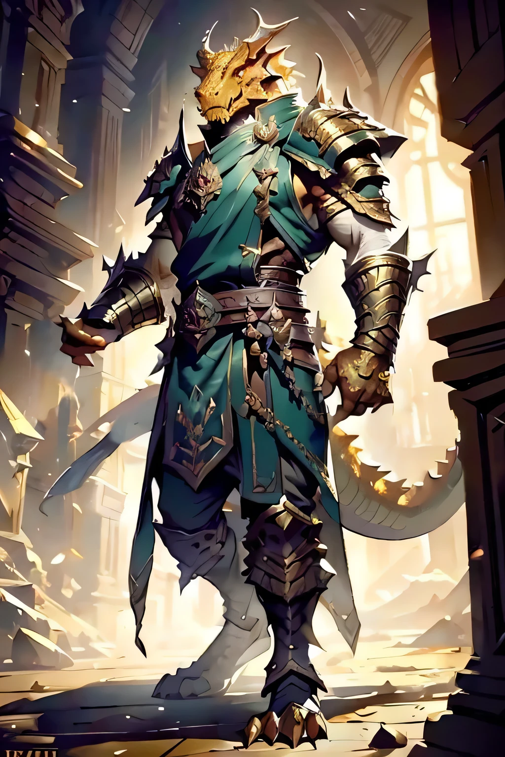 Brass Dragonborn, male, Warhammer, Full body portrait, scales, Gain, clothing, ((masterpiece, best quality)), Artwork by Greg Rutkowski