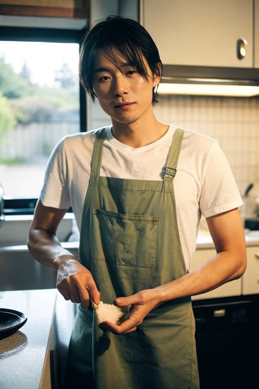 A Japanese man in his 30s cooking at the counter in his home kitchen, cutting fish with a knife, no apron, view from the left front, a little younger