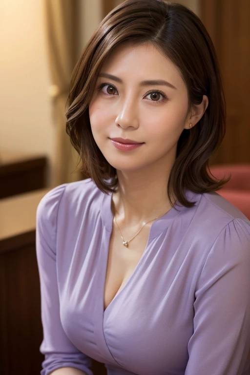 (In 8K, highest quality, masterpiece:1.2), (Realistic, Photorealistic:1.37), Very detailed, Natural light, Mid-chest, I can see her cleavage, 1 person, 40-year-old woman, Brown ash hair, short hair, (Look up at the viewer from below), Light purple V-neck shirt, Wide open chest, Very detailedな顔と肌, Detailed eyes, Very detailedな顔と肌、looking at the camera、Hotel Nova、indirect lighting