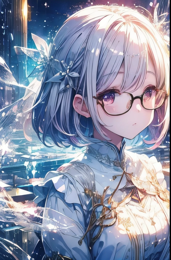 A dreamlike world、Pale Light、Glasses、Bob Hair、Hair clip on the right side of the bangedium breast、White sparkly clothes