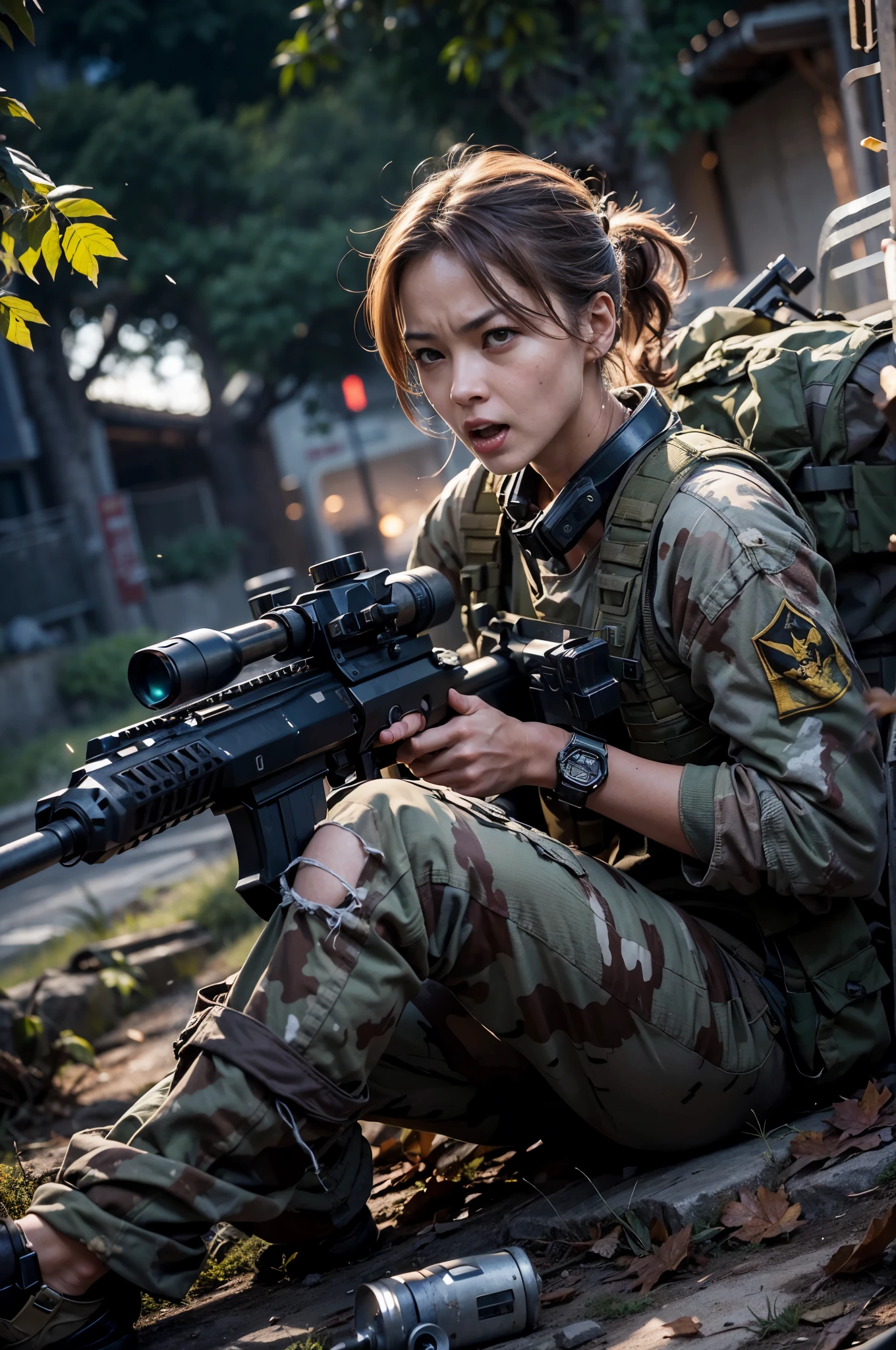 A female mercenary with a terrifying expression, aiming a machine gun