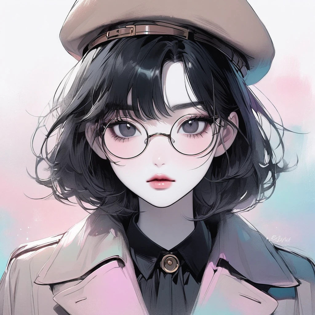Girl, black hair, black eyes, beautiful, pastel colors, face close-up, lipgloss, Korean, pale skin, brown beret, round glasses, detective 