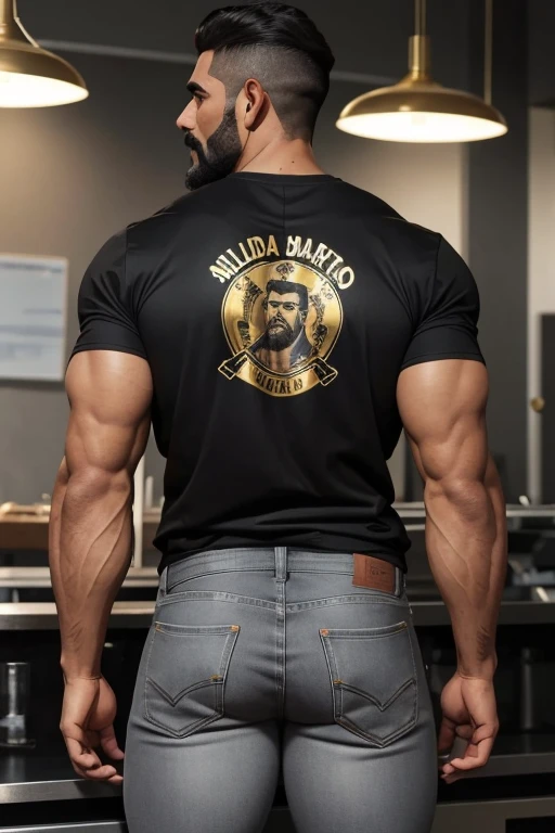 Obra maestra, mejor calidad, ultra detallado, 1 hombre, de espaldas,  macho maduro, muscular, pedazo, bara, deportista, carne de res, negro skin, piel bronceada, latino, 36 years old, negro hair, gray fur, barbas de chivo, cabello demasiado cortado, serious expression, camiseta gris, science fiction background,gold jeans de espaldas,  jeans backside backside bent over 