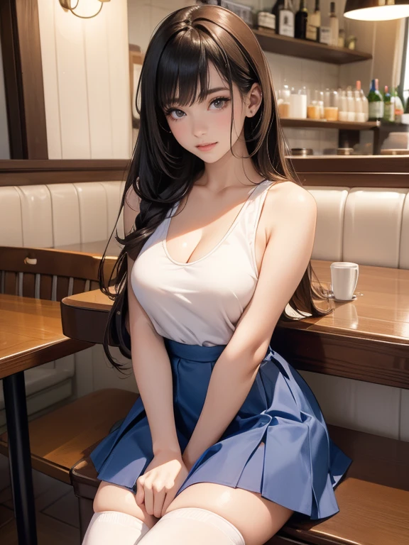 (Increase contrast)、(Increase saturation)、(27 year old super beautiful girl)、(Fair skin)Beautiful woman with perfect figure、Cute Face、long hair、Realな目、Natural Makeup、Beautiful details、（Realistic Skin）、Beautiful Skin、Charm、Ultra-high definition、超Real、Real、Very detailed、、bangs)、(White tank top、Cleavage、Round and firm breasts)((Very short mini skirt、Knee-high socks)) Brown Hair、((Stylish cafe、Embarrassed face))Shot from below、Butt