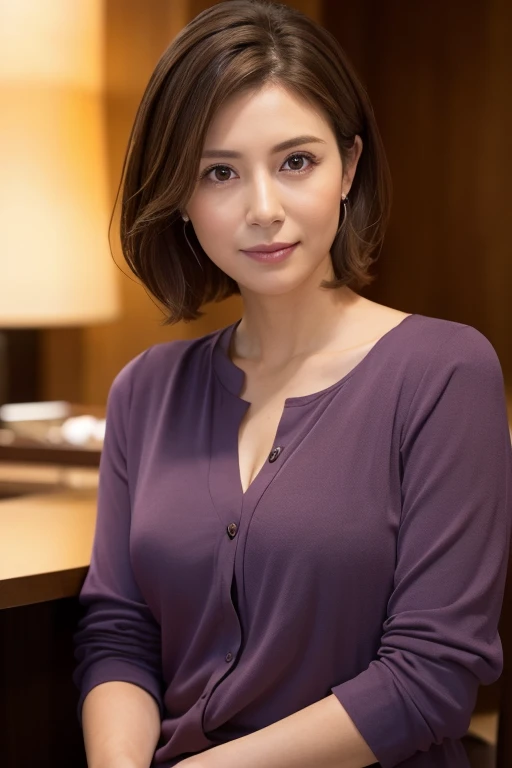 (In 8K, highest quality, masterpiece:1.2), (Realistic, Photorealistic:1.37), Very detailed, Natural light, Mid-chest, I can see her cleavage, 1 person, 40-year-old woman, Brown ash hair, short hair, (Look up at the viewers on the second floor.), Light purple V-neck shirt, Wide open chest, Very detailedな顔と肌, Detailed eyes, Very detailedな顔と肌、Hotel Bar、indirect lighting